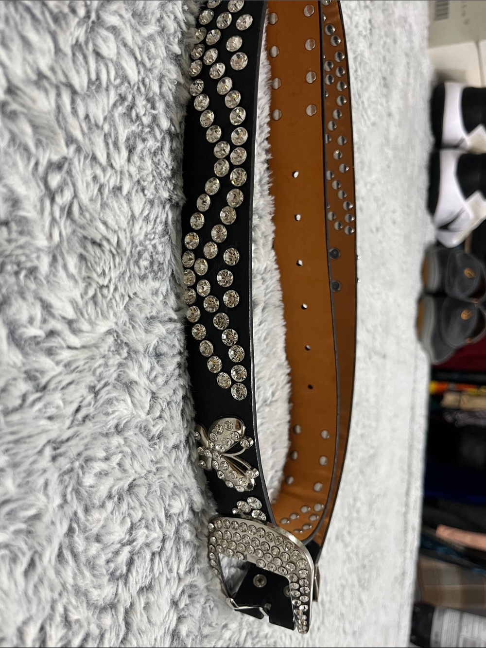 Women's Black Crystal-Embellished Faux Leather Belt with Decorative Buckle